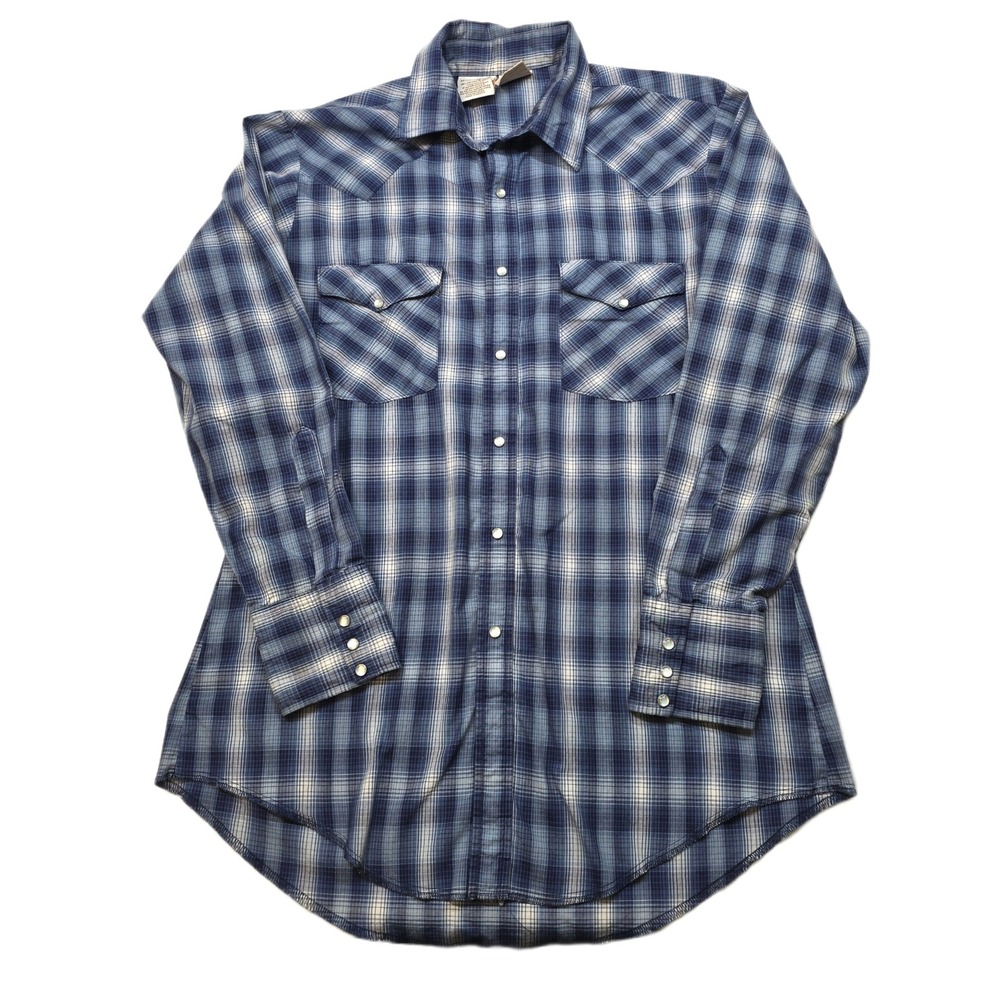 Western Frontier Pearl Snap‎ Western Shirt Mens Medium Blue Plaid Long Sleeve
